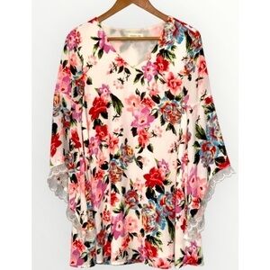 Sugar Lips Bright Colorful Floral V-Neck Lace Trim Bell Sleeve Tunic Dress Small